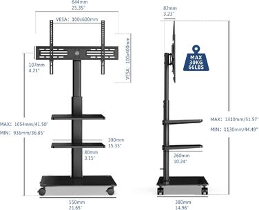 FITUEYES Rolling TV Stand with 3 Shelves - Adjustable Height & Swivel - Fits 32-60 Inch TVs (up to 30kg, VESA 600x400)
