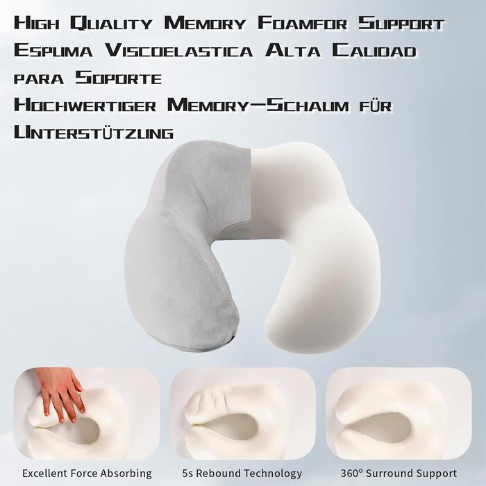 Подушка для шиї у подорожах: автомобільна, для літака, з піною з пам'яті та м'яким велюровим чохлом. Подушка-вишенка для дорослих, для подорожей, кемпінгу, офісу та дому (Сірий, бавовна)