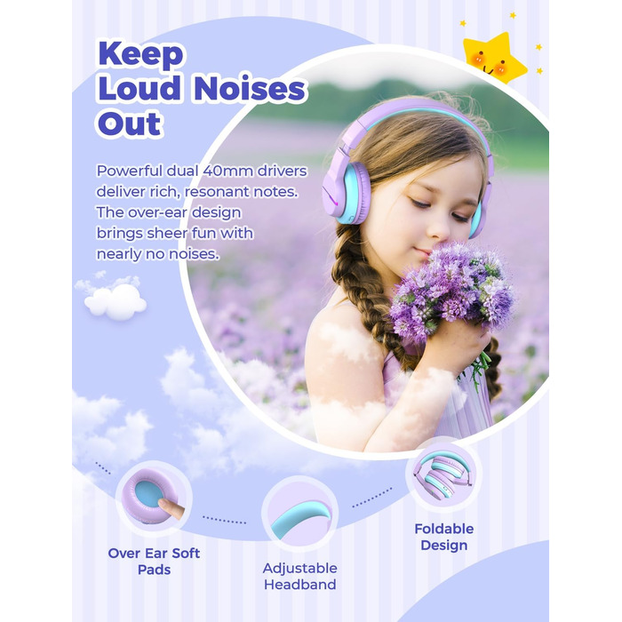 iClever Бездротові навушники для дітей з LED-підсвічуванням, Over-Ear, Bluetooth 5.2, мікрофон, BTH12, фіолетовий