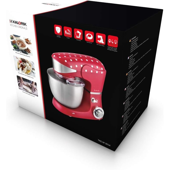 Kalorik TKG M 3014 Design Kitchen Machine with 5 Liter Stainless Steel Bowl, Die-Cast Stirring and Dough Hooks, 6 Speed Settings, Stainless Steel Whisk, Powerful 1000 Watts, Red