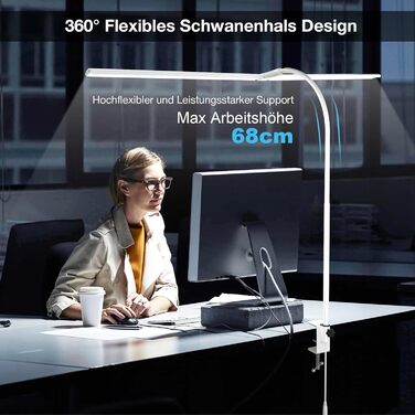 LED лампа настільна для офісу та дому, світло для монітора, 1400 люмен, регульована яскравість, кріплення-прищіпка, світло для робочого столу, гнусий «лебединий шия», подвійний насадка, 5 режимів кольору та рівнів яскравості, білий колір, 80 см