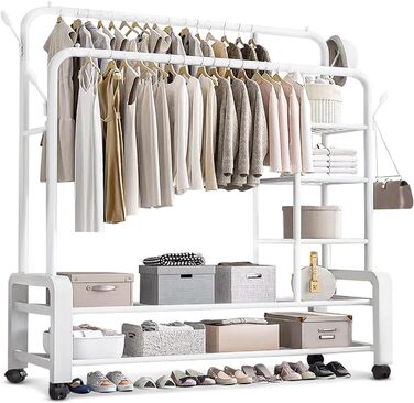 Clothes rack, clothes rail, rolling clothes rack, rolling clothes rail, stable clothes rack, black clothes rack, clothes rack with wheels and two clothes rails (Black) (Blanco1)