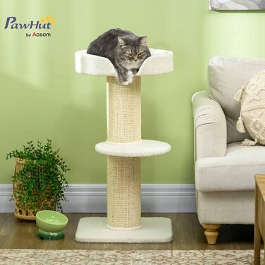 Кігтеточка PawHut 91 см для котів: багатоповерхова з сизалю, платформа, подушка, кремово-білий котячий оргнайзер