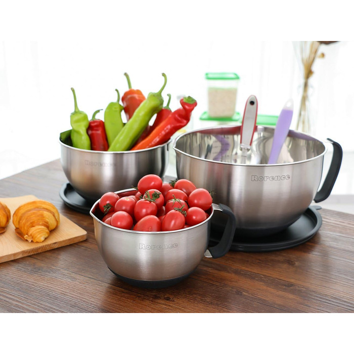 Rorence Stainless Steel Mixing Bowls with Pour Spout, Handle, and Lid, Set of 3, Black