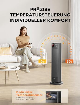 Електричний обігрівач Midea Ceramic 2000W з термостатом, 3 режими, таймер 24г, захист від перегріву та перекидання, миттєве тепло для офісу та спальні (сірий, 58см)