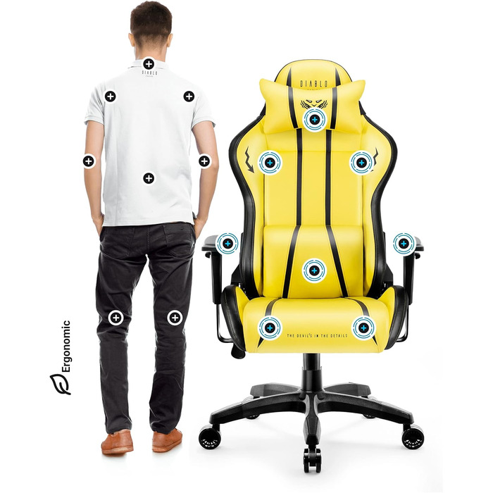Ігрове крісло Diablo X-One 2.0 Electric Yellow L, ергономічне, регульовані підлокітники, подушки для шиї та попереку