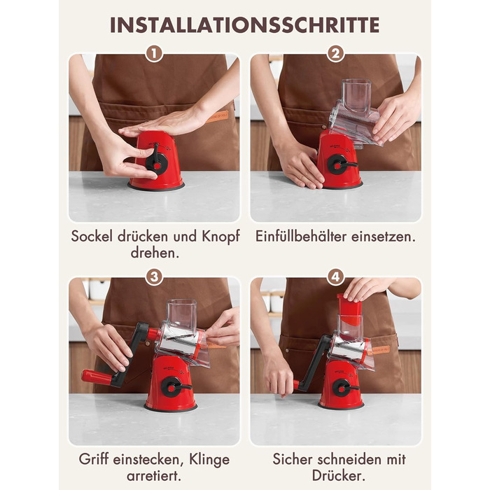 Тертка для сиру GDL з ручкою, оновлена терка для овочів з 5 дисками, терка-нарізач для овочів, зручна та швидка, терка для сиру, морозива, горіхів, огірків, моркви (червона)