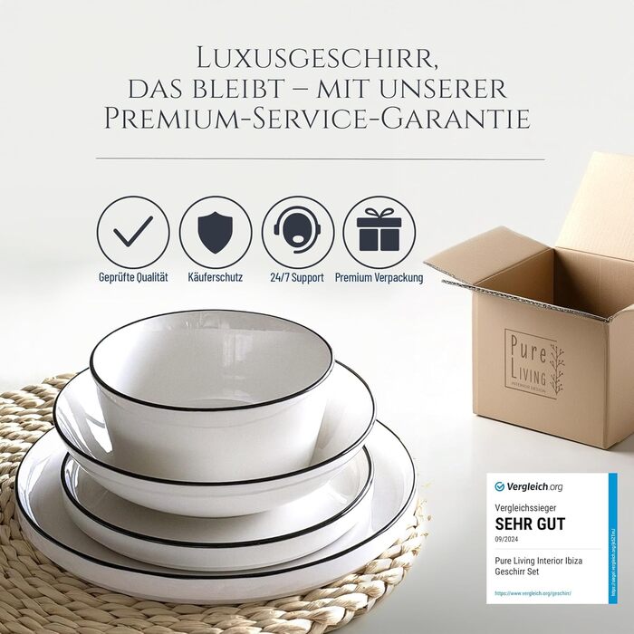 Набір посуду з порцеляни 48 предметів, 12 осіб, скандинавський стиль, білий з чорним обідком, Pure Living