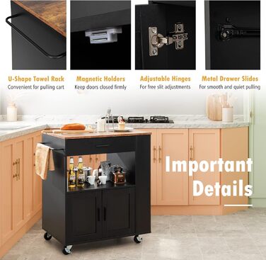 Giantex Rolling Kitchen Cart with Countertop - Kitchen Island with Storage, Mobile Kitchen Trolley with Drawer & 3 Shelves (White & Black)