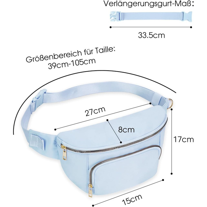 Поясна сумка для жінок та чоловіків, стильна, з 4 кишенями на блискавці та регульованим ремінцем, ідеальна для подорожей та піших прогулянок (світло-блакитна)
