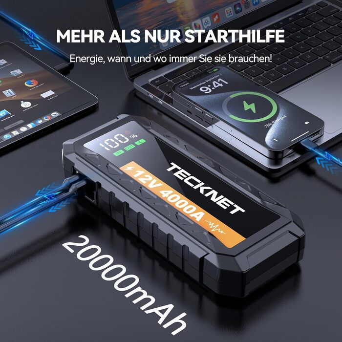 Powerbank для автомобіля TECKNET 4000A 12V: стартер, LED-ліхтарик, екран, кабель для авто, SUV, LKW, мотоциклів