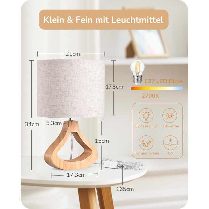 Дерев'яна приліжкова лампа EDISHINE з абажуром з льону, E27, для вітальні, спальні, в стилі кантрі [Енергоклас F]