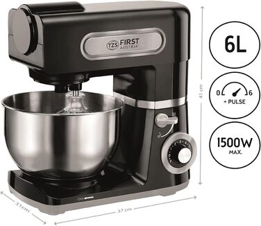 Кухонна машина TZS First Austria професійна | Міксер з чашею 6 л, 1500 Вт, 6 швидкостей, з набором насадок (міксер, гак для тіста, вінчик), нержавіюча сталь