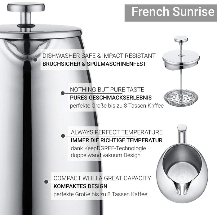 Френч-прес 720°DGREE Sunrise 1 л з нержавіючої сталі, BPA-free, прес-фільтр для кави, елегантна кавоварка на 4-8 чашок