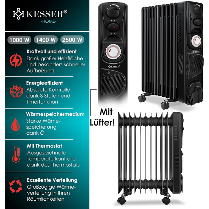 Електричний масляний радіатор KESSER® 2500W з вентилятором, 11 ребер, таймер, термостат, захист від перегріву, білий/чорний