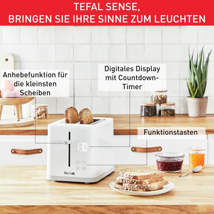 Tefal TT6931 Sense Toaster | 7 Browning Levels | Digital Display | Countdown Timer | Reheat/Defrost | Crumb Tray | Stop Button | White Single