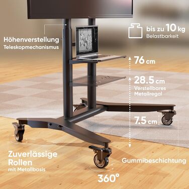 ONKRON Mobile TV Stand - Adjustable Height, VESA 600x400 - Fits 32-75 inch Flat & Curved TVs up to 60kg