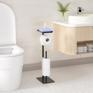 Настінний тримач для туалетного паперу з полицею, чорний, з місцем для 4 запасних рулонів, нержавіюча сталь