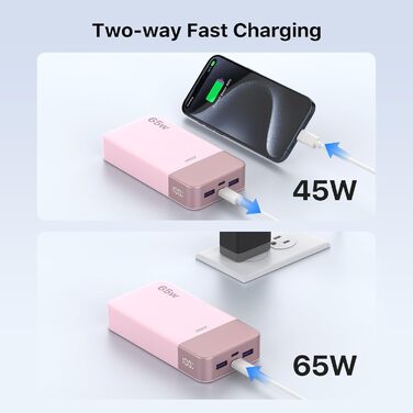 Power Bank JUOVI 20000 mAh 65W рожевий: портативний зарядний пристрій для ноутбука, MacBook, Dell XPS, iPad, Steam Deck, iPhone, Samsung, Switch