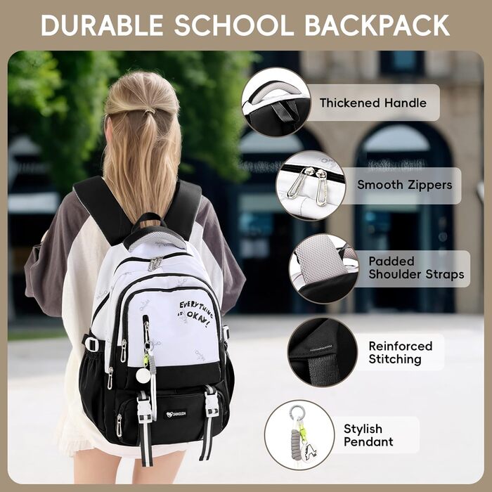 Шкільний рюкзак для підлітка, 36L, для дівчаток 3-9 клас, великий стильний рюкзак для ноутбука 16 дюймів, чорний, підходить для візка