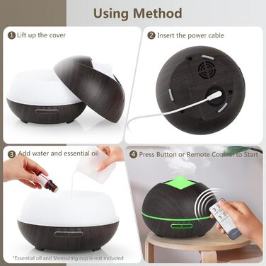 Ароматичний дифузор 500 мл з таймером, LED-підсвічуванням та пультом керування, для дому, йоги, SPA. Темне дерево, коричневий колір