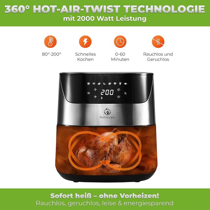Аерофритюрниця NUTRI-FRYER XXL з нержавіючої сталі, 2000 Вт, 5 л, німецька марка, без масла, тестована, набір для приготування картоплі фрі