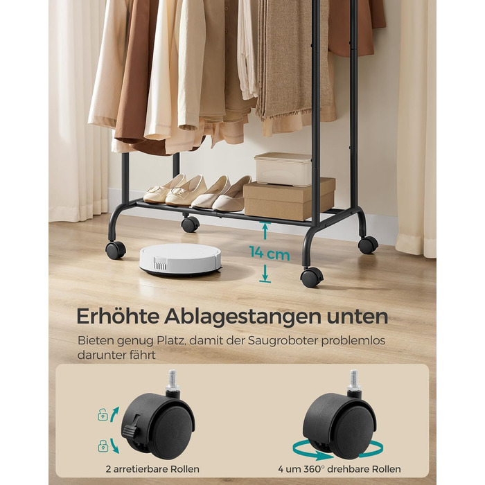 SONGMICS Clothes Rack with 2 Clothes Rods, Extendable Garment Rod, with Wheels, Coat Rack, Height Adjustable between 113 and 180 cm, Lower Rod Adjustable, LLR401R01 (Ink Black, 120D x 50W x 156H cm)