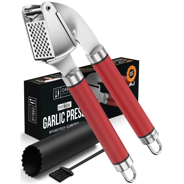 ORBLUE Прес для часнику з нержавіючої сталі червоний – Преміум прес для часнику та тертка для часнику – Прес для часнику з силіконовим очищувачем та щіткою, міцний, ергономічний та придатний для миття в посудомийній машині