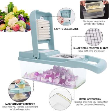 Мандоліна для нарізання овочів ADOV, 12 в 1, багатофункціональна, з захистом рук, з нержавіючої сталі, для овочів, фруктів, сиру, цибулі, картоплі, Julienne, подрібнювач (блакитна)