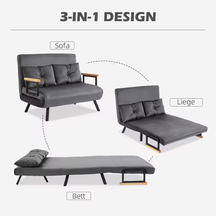 HOMCOM Sleeper Sofa with Storage Box, Convertible Sofa Bed, Sleeper Couch with Velvet Look Back Cushions, Dark Grey, 102 x 73 x 81 cm | Aosom