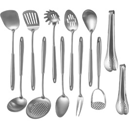 Набір кухонних аксесуарів з нержавіючої сталі 304, 12 предметів. Комплект кухонного начиння з лопаткою, половником, ложками, шумівкою, лопаткою для перевертання, щипцями (сріблястий, придатний для миття в посудомийній машині)