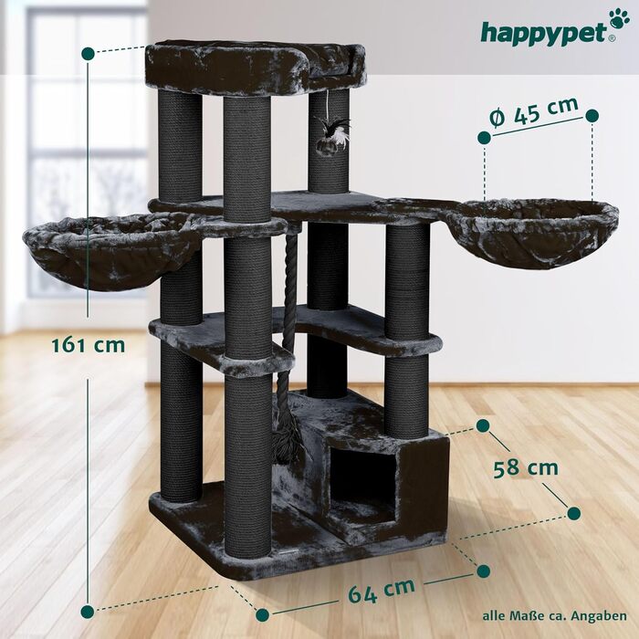 HAPPYPET Дряпка для котів 'Оскар' - преміум дряпка для великих котів, 161 см, 47 кг, товсті стовпи (12 см), антрацит