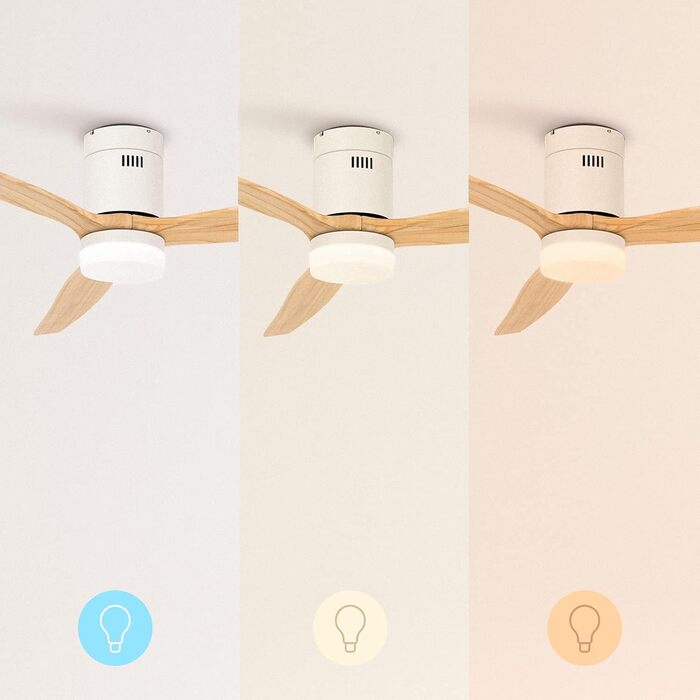 Вентилятор стельовий WINDCALM ABS білий з пультом, 40W, Ø132cm, 6 швидкостей, таймер, DC-двигун, літньо-зимовий режим, з підсвічуванням, колір світлого дерева