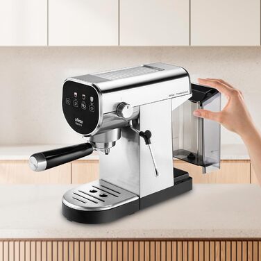 Ufesa Sienna Espresso Machine and Cappuccino Portafilter Machine with Milk Frother, 20 Bar Pressure, Digital Touch Panel, 1360W, for Ground Coffee or ESE Pads, 0.9L Water Tank, Silver