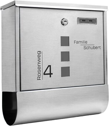 Поштовий ящик Grafner з нержавіючої сталі, персоналізований, з газетницею та 2 ключами. Гравіювання імені, вулиці та номера будинку. Комплект для монтажу входить.