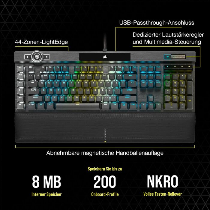Механічна ігрова клавіатура Corsair K100 RGB з клавішами Cherry MX Low Profile, Bluetooth, сумісна з iCUE, QWERTZ DE, чорна