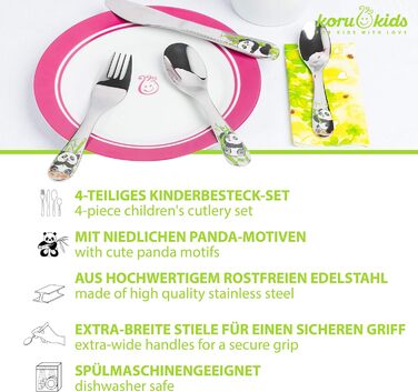 Набір дитячого столового прибору Koru Kids® Kinderbesteck (4 шт.) з нержавіючої сталі - для дітей від 3 років (Панда)