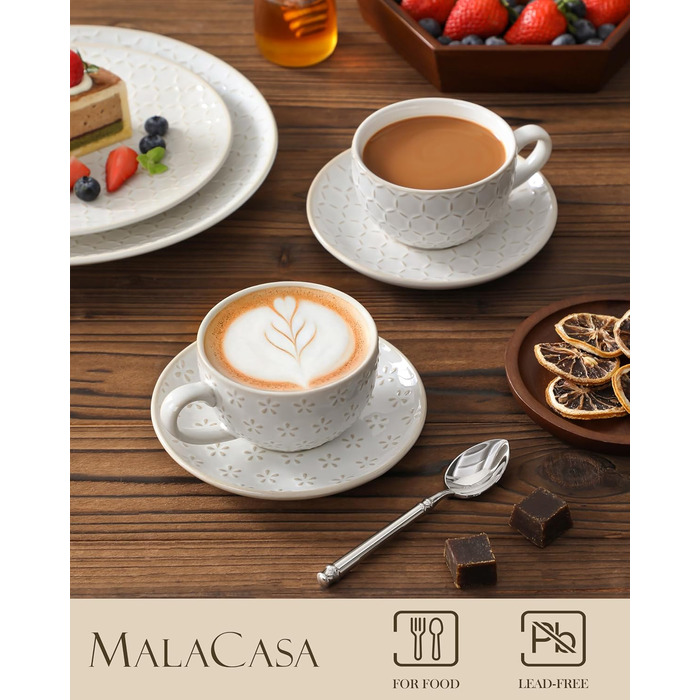 Набір кавових чашок MALACASA з блюдцем, 8 шт. (4 персони), кавовий сервіз з порцеляни, об'єм 180 мл, для кави, чаю, десертів, бежевий