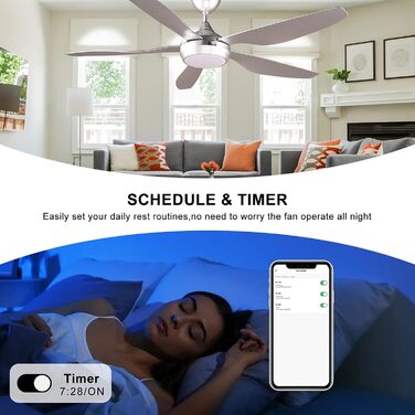 Вентилятор стельовий Reiga з LED-підсвічуванням та пультом керування, 132 см, білий, DC-двигун, тихий, 6 швидкостей, 3 колірні температури, для внутрішнього та зовнішнього використання (5 лопатей, сріблястий)