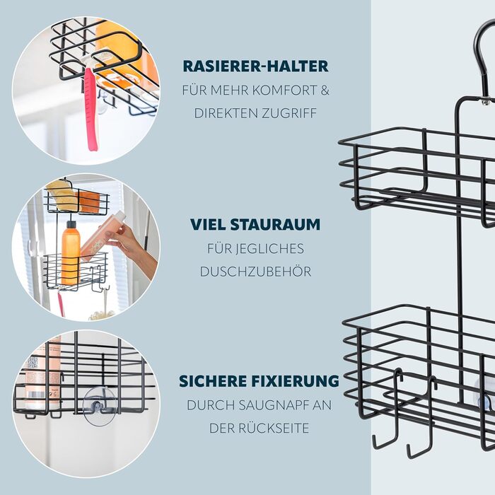 Bremermann Shower Shelf with 2 Baskets, for Hanging, Removable Hook (black)