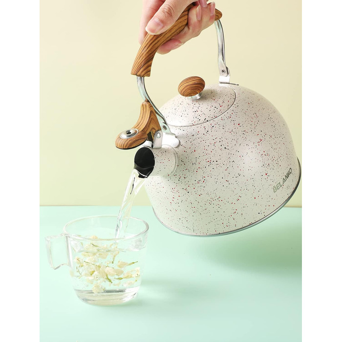 Чайник BELANKO 2,5 л з свистком, нержавіюча сталь, з дерев'ястим декором, складаний ручка, для чаю, кави, молока – блакитний (Starry White)