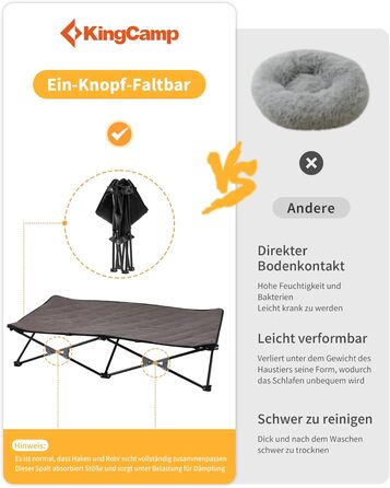 Лежанка для собак KingCamp - зручна та портативна, 57x57x23 см. Зручна для відпочинку вдома та на природі. Матеріал: дихаюча сітка та замша.