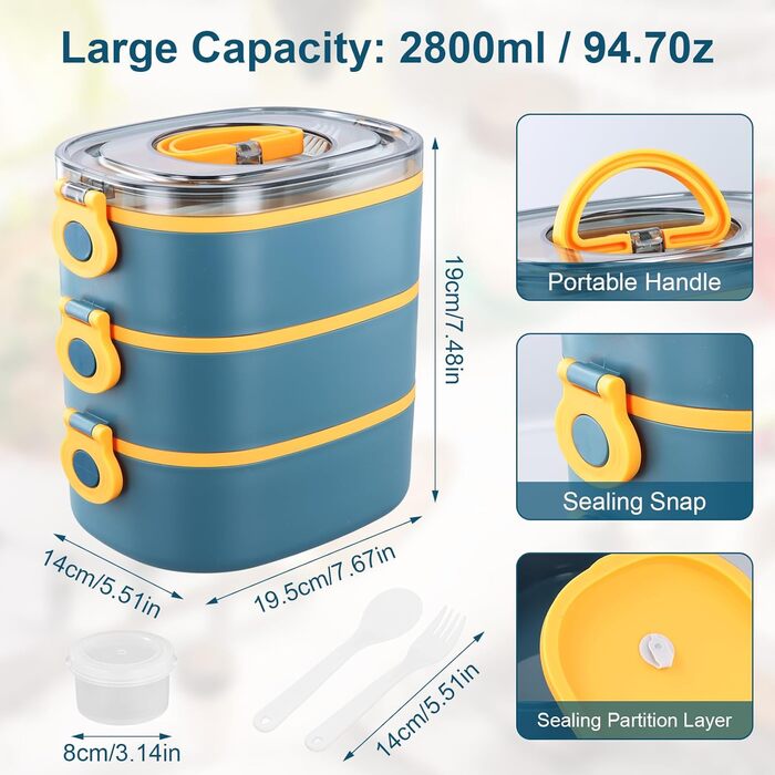 Ланчбокс 3 в 1 з відділеннями, Бенто-бокс 2800мл з сумкою, вилка та ложка, багаторівневий, водонепроникний, для дітей та дорослих, BPA Free, підходить для мікрохвильової печі (зелений)