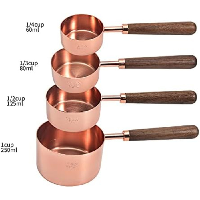 Alnicov Measuring Cups & Measuring Spoons 8-Piece Set, rose gold measuring spoons with walnut handle for the kitchen for measuring various ingredient quantities. For kitchen, cooking, and baking.