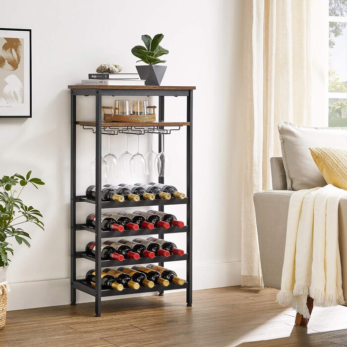 VASAGLE Wine Rack for 20 Bottles, Wine Shelf, with Glass Holder, for Cellar, Kitchen, Dining Room, Industrial Style, 50 x 32 x 100 cm, Rustic Brown and Black LWR020B01