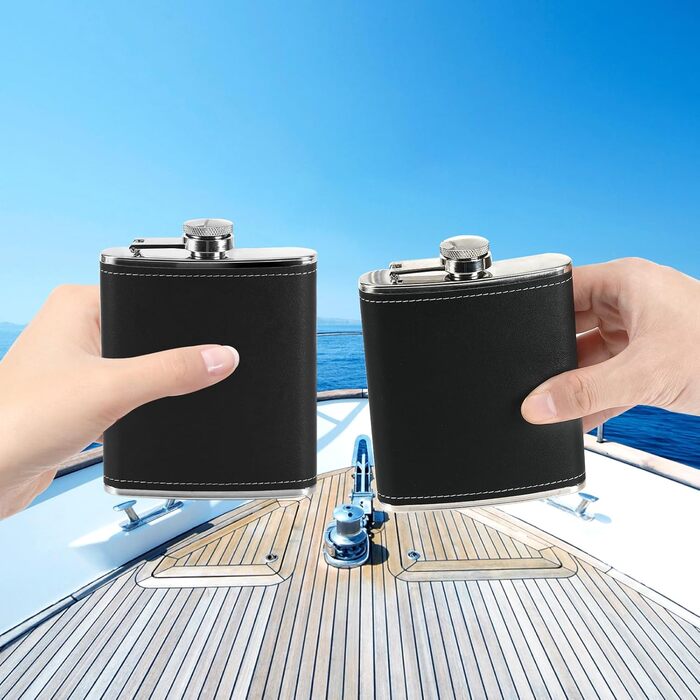 Фляга нержавіюча Kasanni 8oz/230 мл, з келихами та воронкою, чорна шкіряна, для піших прогулянок