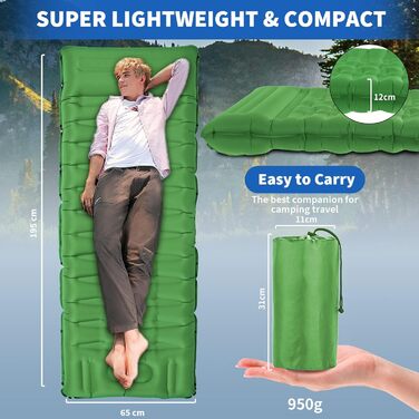 Каремат для кемпінгу самонадувний, 12 см, ультралегкий, з насосом та подушкою. Підходить для туризму, пляжу та відпочинку на природі (зелений)