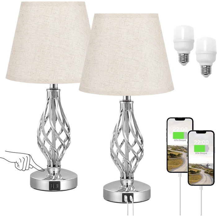 Настільна лампа Kakanuo 2 шт., торшер з торшером, регульоване торшером, USB-порт A+C, сірий абажур, 2 LED-лампи, сучасний дизайн для спальні, вітальні, офісу, декору (C-beige)