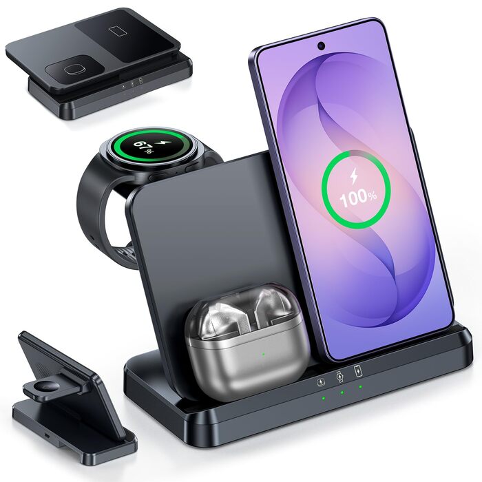Бездротова зарядна станція 3-в-1 EGV для Samsung Galaxy S26 Ultra/S25/S24, Z Fold/Flip 7/6, Buds та Galaxy Watch Ultra/8/7 – Чорна