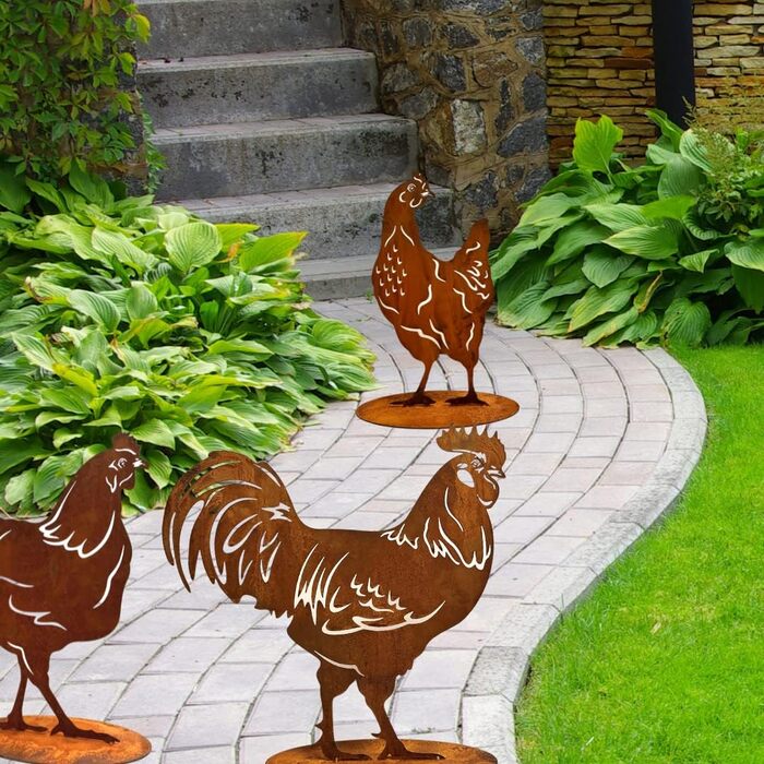 Stahldesign Edelrost Chicken Set, Life-Size for Display, Handmade in Germany. Wonderful garden decoration made of rust-colored metal, rust-look decor, rust figures animals, rust figures garden, rust decor.
